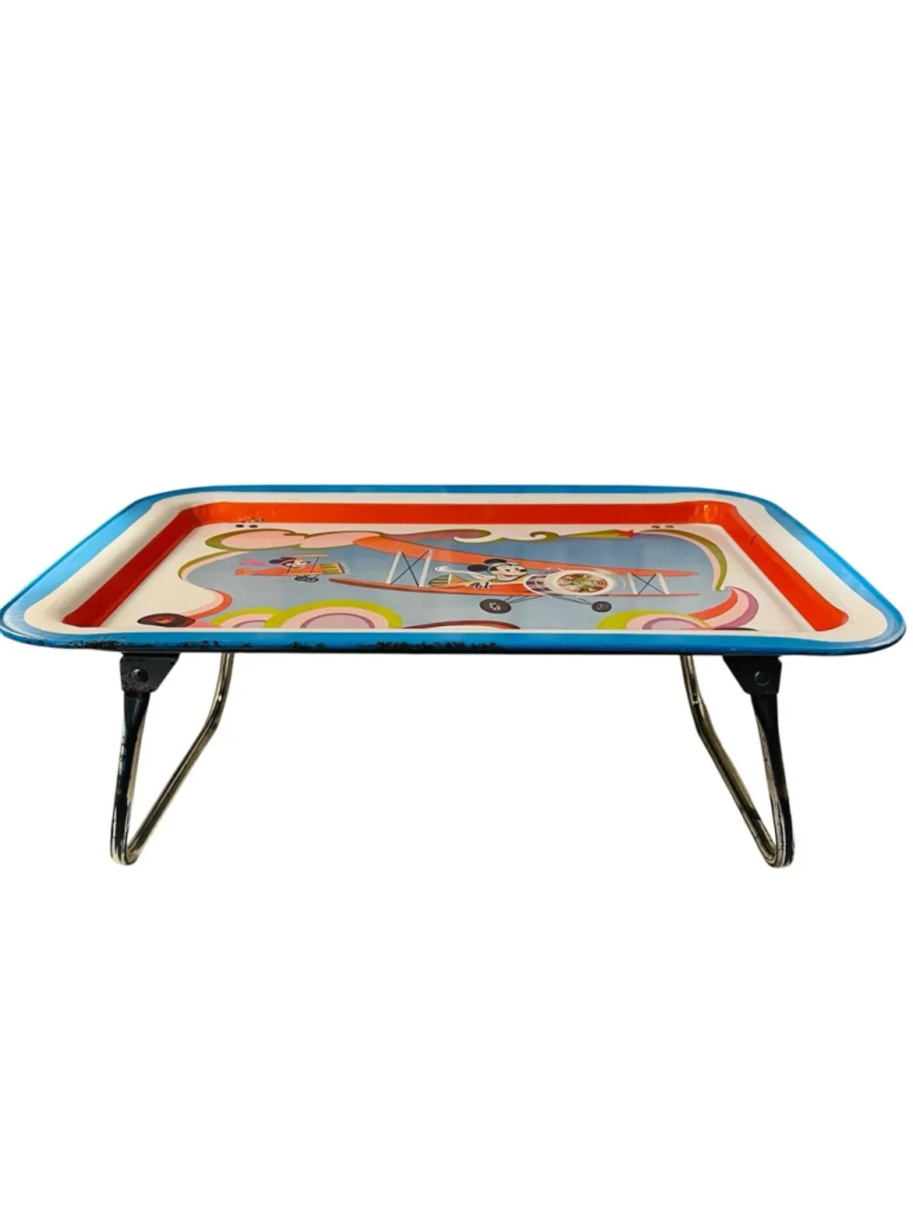 Vintage Disney Metal Folding TV Tray Mickey Mouse Minnie Airplanes Serving Tray